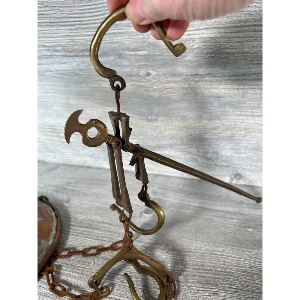 Antique Original Solid Brass Hanging Weighing Beam Balance Scale Chain & Weight